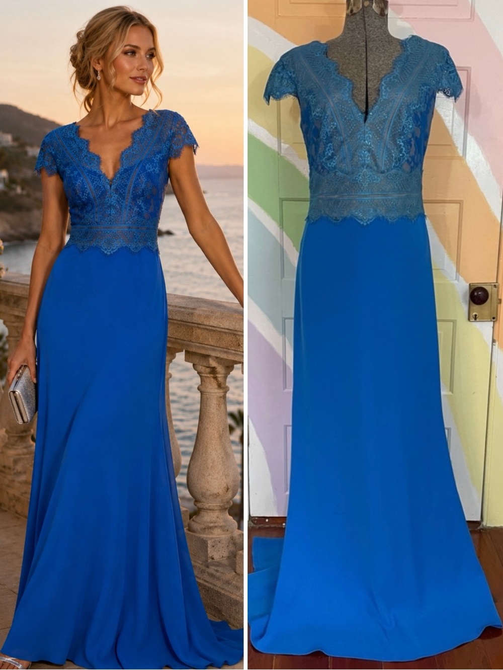 NWT Tadashi Shoji Nolan Azure Blue Lace Bodice Evening Gown Wedding Sz 8 ❤️🎀